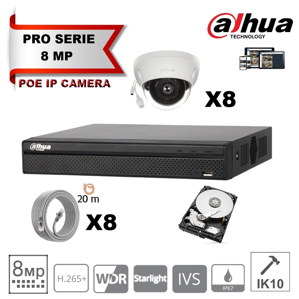 DAHUA  IP 8MP Pro Kit 8x Camera Dome  Fixed 2.8mm-IR 30M  + 16 Channels POE NVR + 4TB Max 16x camera   Veste Dahua offerte -Stock limité-