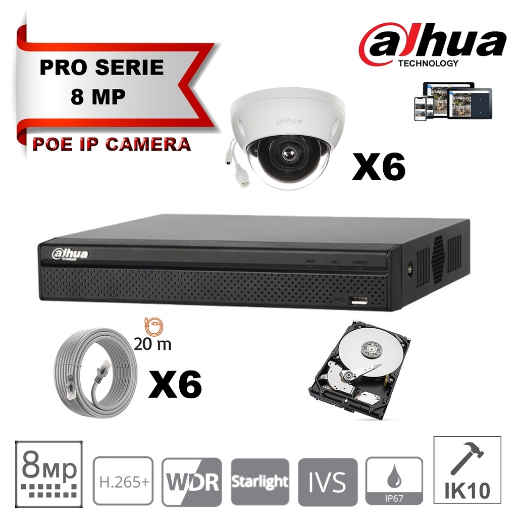 DAHUA  IP 8MP Pro Kit 6x Camera Dome  DH-IPC-HDBW2831E-S-S2 Fixed 2.8mm-IR 30M  + 8 Channels POE NVR + 2TB Max 8xcamera Dahua T Shirt 5m Tape Measure FREE -Limited Stock-