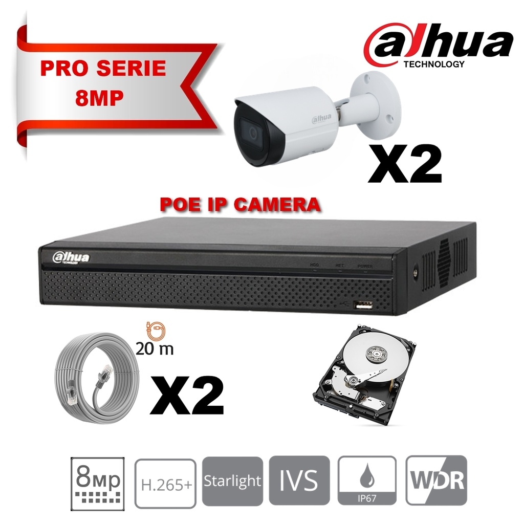 DAHUA  IP 8MP Pro Kit 2x Camera Bullet  Fixed 2.8mm-IR 30M  + 8 Channels POE NVR + 2TB Max 8x camera   Tshirt Dahua Offert -Stock limité-