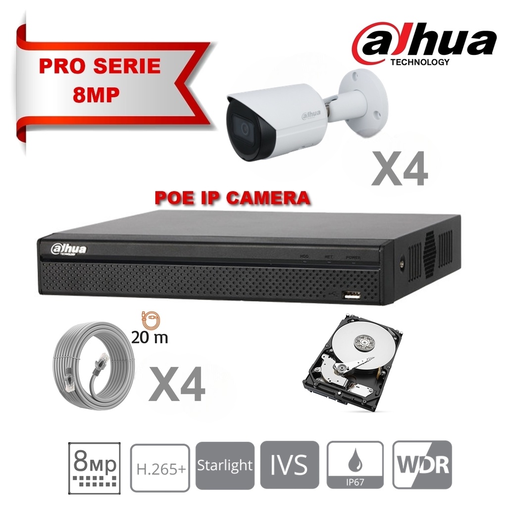 DAHUA  IP 8MP Pro Kit 4x Camera Bullet  DH-IPC-HFW2831TP-AS-S2  Fixed 2.8mm-IR 30M  + 8 Channels POE NVR + 2TB Max 8x camera    Tshirt Dahua Offert -Stock limité-