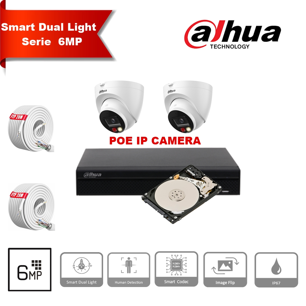 Kit de caméra IP DAHUA Smart Dual Light Series 30m - 2x tourelles de caméra 6 mégapixels 2,8 mm  + 8 Channels POE NVR + 2TB  Max 8x camera