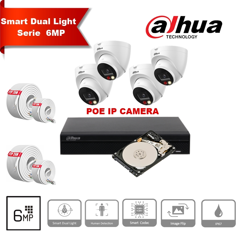 DAHUA Smart Dual Light Series 30m IP-camerakit - 4x 6 Megapixel 2,8 mm cameratorentjes + 8 kanalen POE NVR + 2TB Max 8x camera