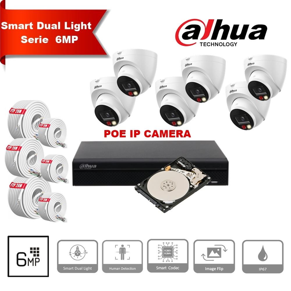 DAHUA Smart Dual Light Series 30m IP-camerakit - 6x 6 Megapixel 2,8 mm cameratorentjes + 8 kanalen POE NVR + 2TB Max 8x camera