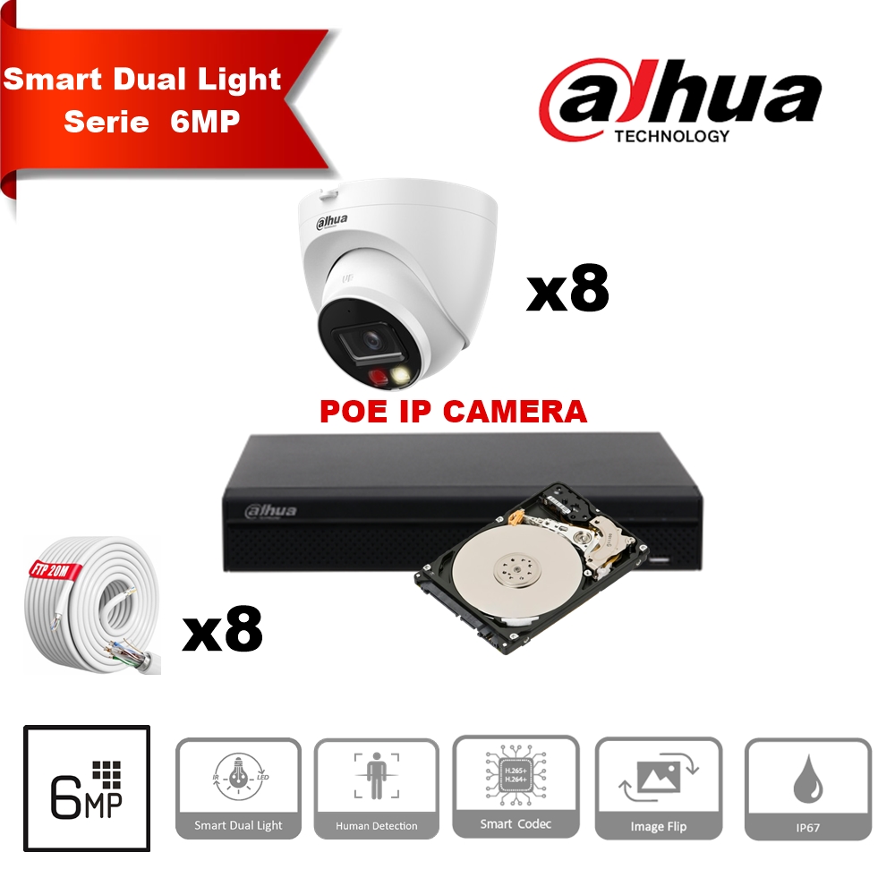 DAHUA Smart Dual Light Series 30m IP-camerakit - 8x 6 Megapixel 2,8 mm cameratorentjes + 16 kanalen POE NVR + 4TB Max 16x camera