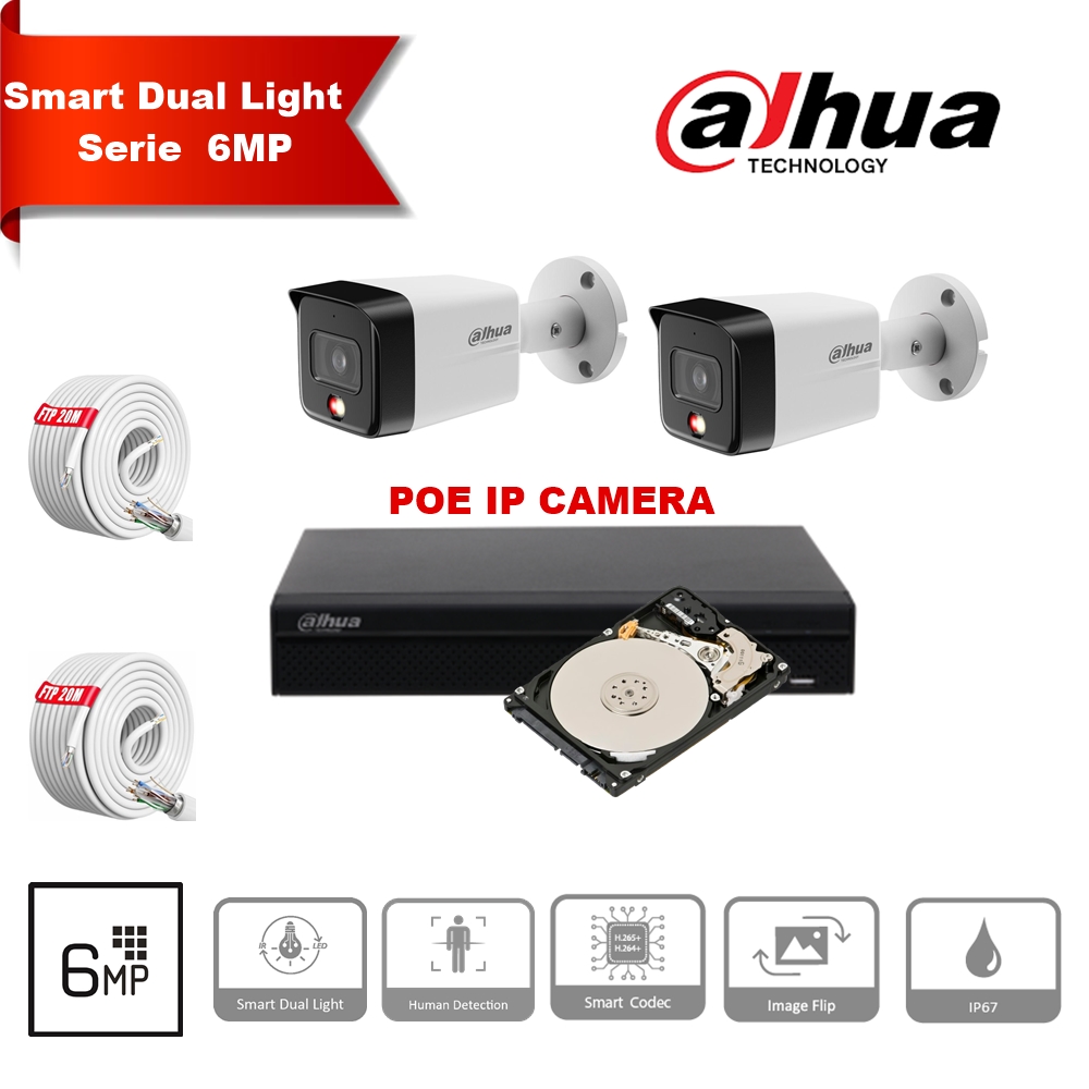 DAHUA Smart Dual Light-serie 30m IP-camerakit - 2x 6 megapixel 2,8 mm camerabullet + 8 kanalen POE NVR + 2 TB max. 8x camera