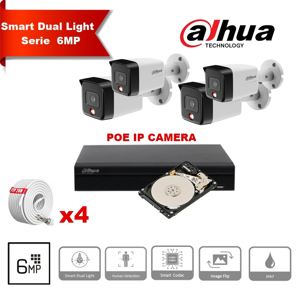 DAHUA Smart Dual Light Series 30m IP-camerakit - 4x 6MP Bullet 2,8 mm bewakingscamera's + 8-kanaals POE NVR + 2TB Max 8x camera