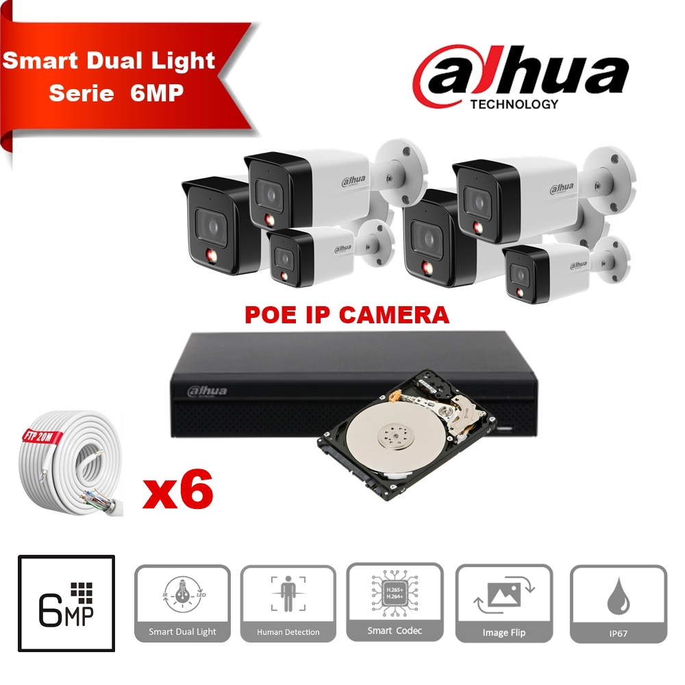 Kit de caméra IP DAHUA Smart Dual Light Series 30m - 6x Bullet de caméra 6 mégapixels 2,8 mm  + 8 Channels POE NVR + 2TB  Max 8x camera