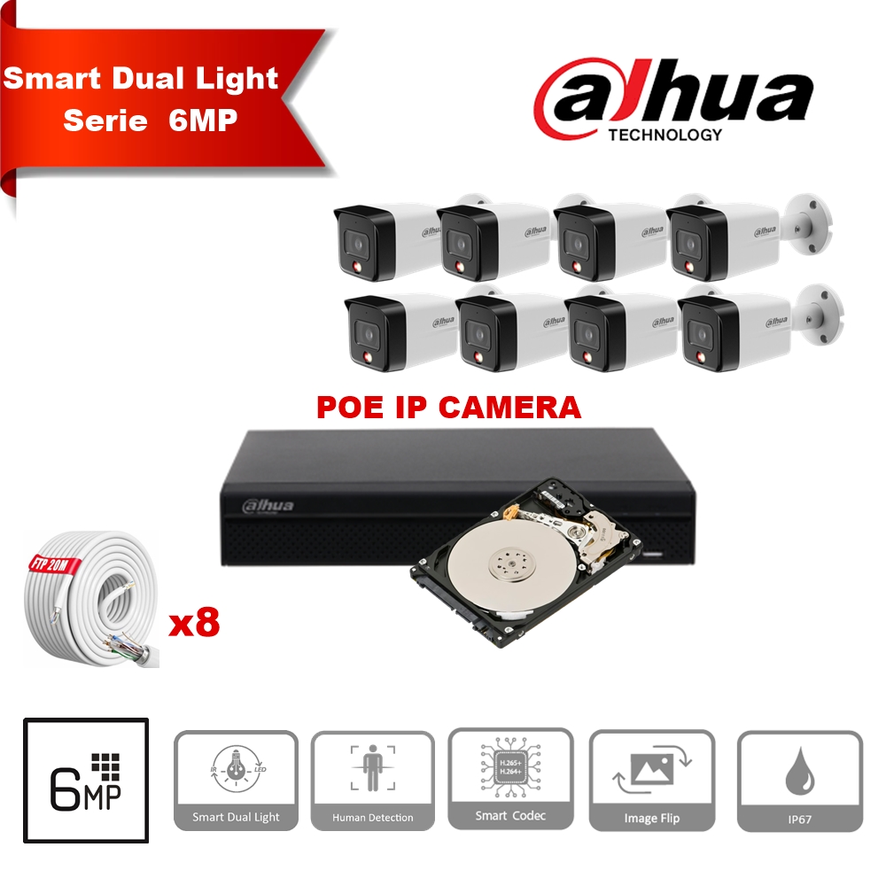 DAHUA Smart Dual Light Series 30m IP-camerakit - 8x 6 Megapixel 2,8 mm cameratorentjes + 16 kanalen POE NVR + 4TB Max 16x camera