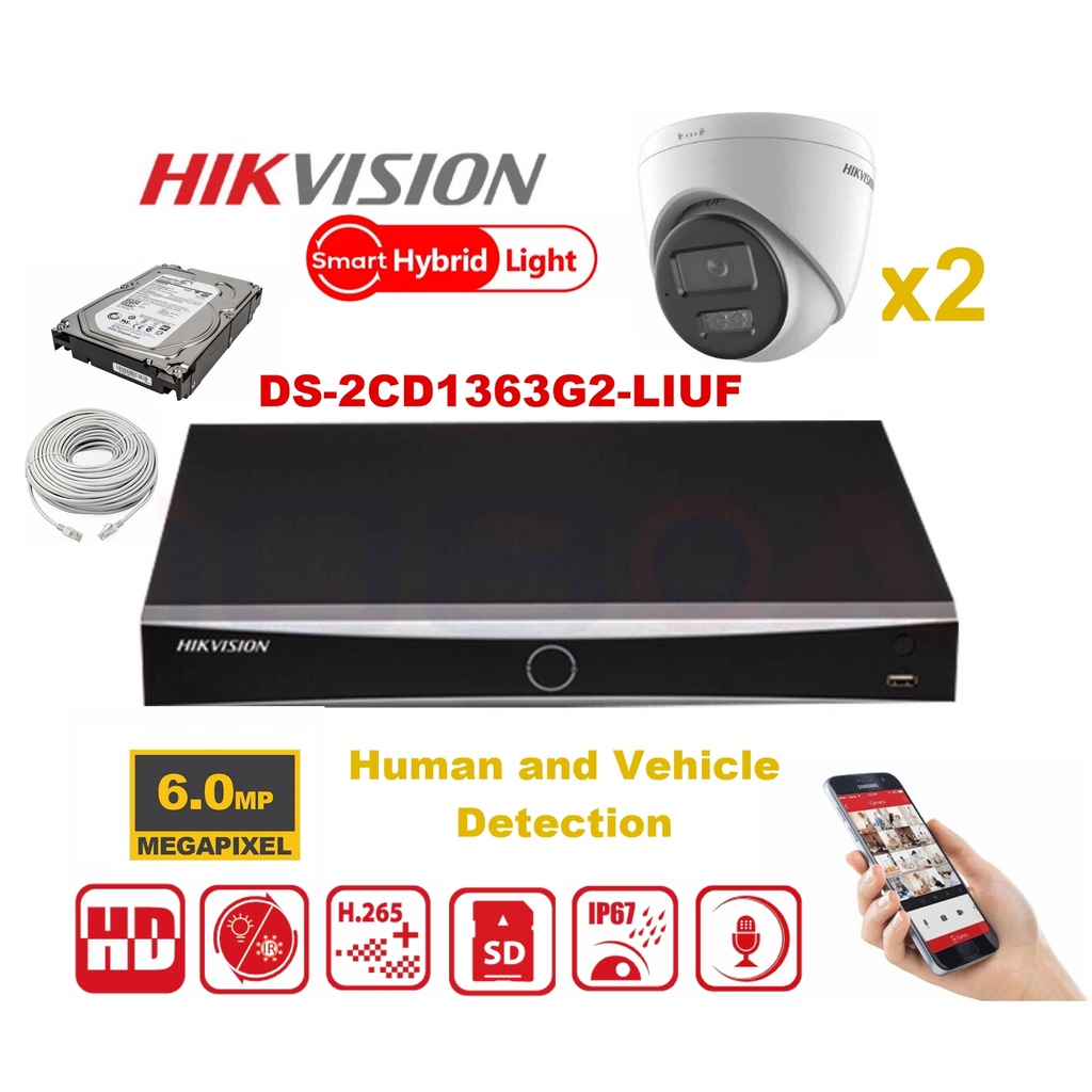 HIKVISION Camera Kit Smart Hybrid G2 Series  2x IP Camera Turret 6MP -   NVR 4xChannel POE Acusense- Hard Disk 2Tb