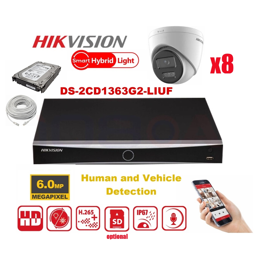 HIKVISION Camera Kit Smart Hybrid G2 Series  8x IP Camera Turret 6MP -   NVR 8xChannel - Hard Disk 4Tb Extensible To Max 8x IP Camera