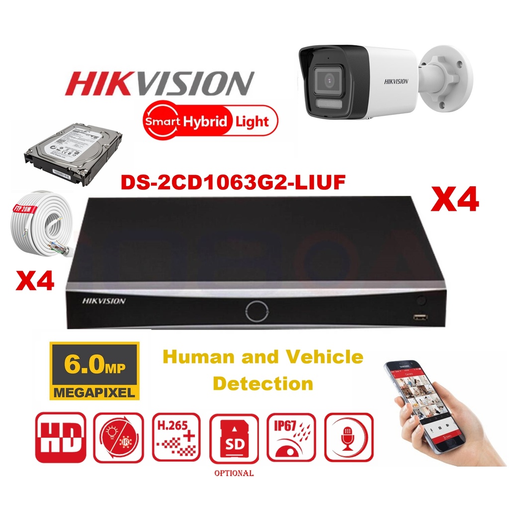 Kit caméra HIKVISION Smart Hybrid G2 Series 4x IP Camera Dome 6MP - NVR 4xChannel POE Acusense - Disque dur 2 To