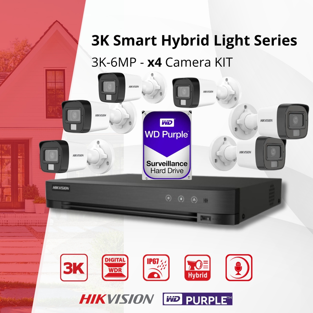 HIKVISION Set 3K Dual Light  - 6x Bullet Camera  3K(6MP) Dual Light Audio  Indoor/Outdoor- DVR 8 Channel -  2TB HDD