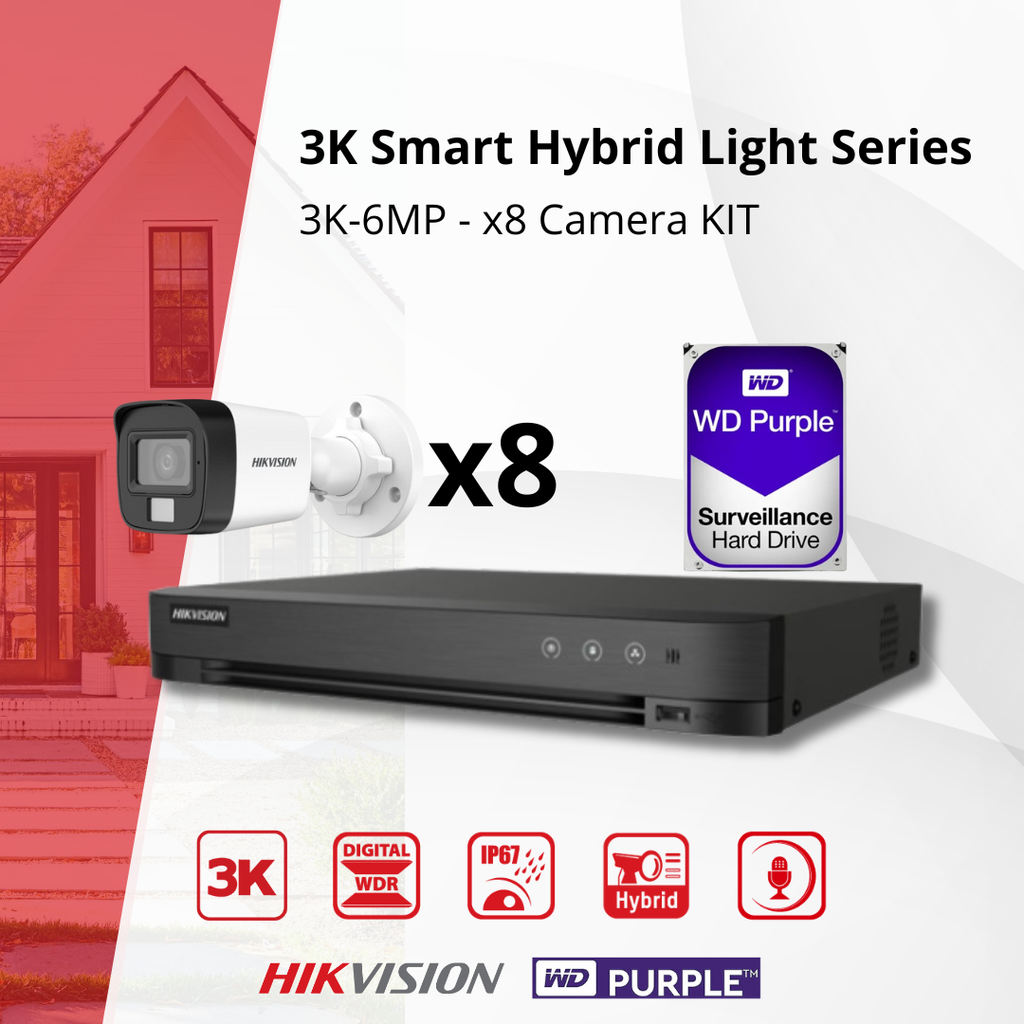 HIKVISION Set 3K Dual Light  - 8x Bullet Camera  3K(6MP) Dual Light Audio  Indoor/Outdoor- DVR 8 Channel -  2TB HDD