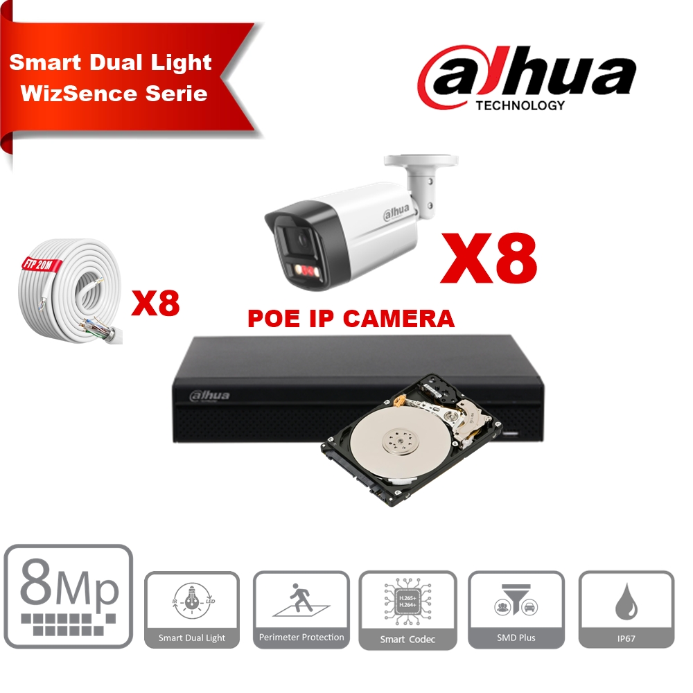 DAHUA Smart Dual Light WizSense Series 30m IP Camera Kit - 8x 8 Megapixel 2.8mm Camera Bullet + 8 Channels POE NVR + 4TB 