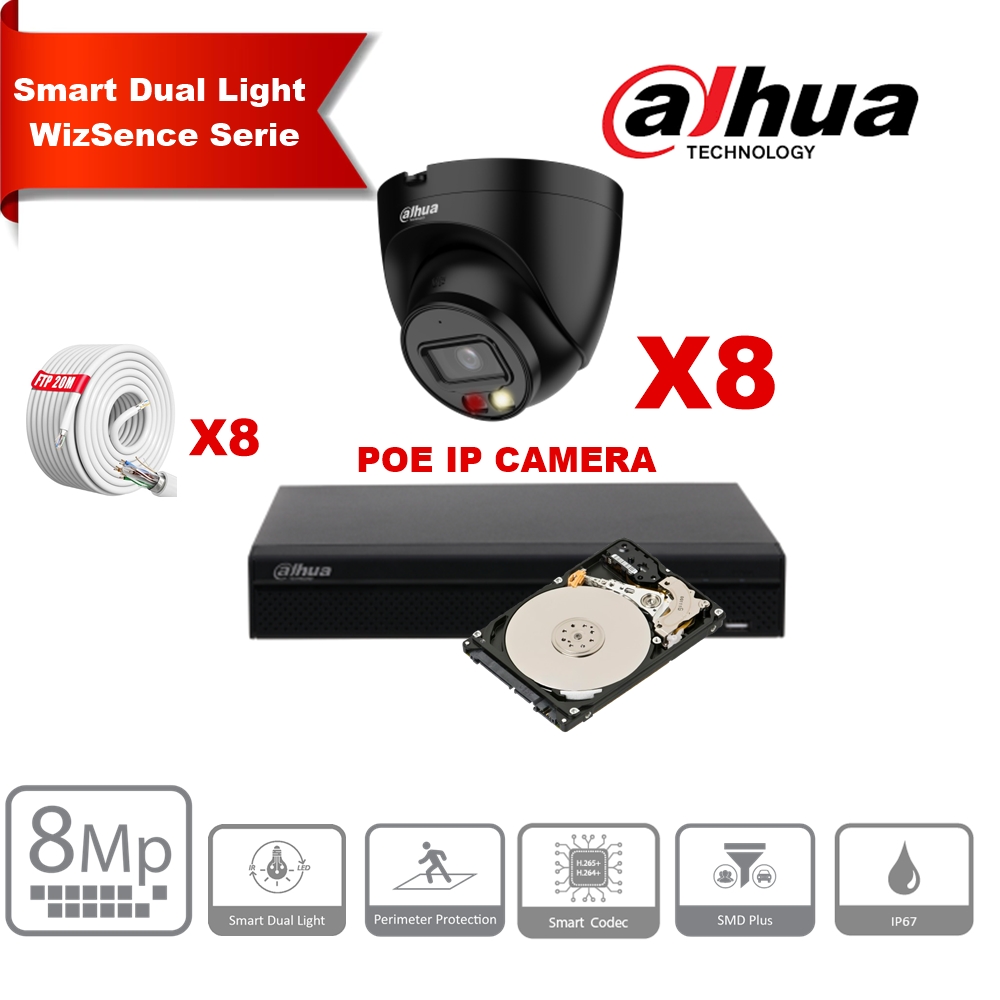 DAHUA Smart Dual Light WizSense-serie  30m IP-camerakit - 8x 8 megapixel 2,8 mm Cameratorentje  Zwart+ 8 kanalen POE NVR + 4 TB 