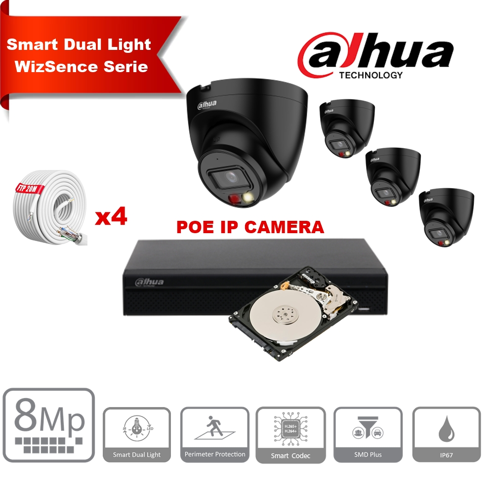 DAHUA Smart Dual Light WizSense-serie  30m IP-camerakit - 4x 8 megapixel 2,8 mm Torencamera IPC-HDW2849T-S-IL  + 8 kanalen POE NVR + 2 TB max. 8x camera