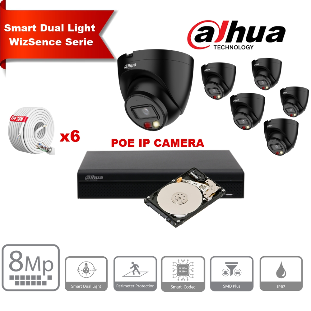 DAHUA Smart Dual Light WizSense Active Deterrence Series IPC-HDW2849T-S-IL 30m IP Camera Kit - 6x 8Megapixel 2.8mm Camera Bullet  Black+ 8 Channels POE NVR + 4TB Max 8x Camera 