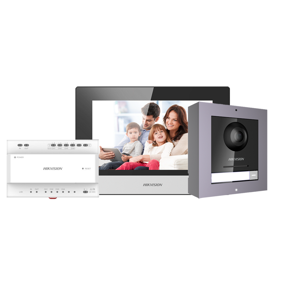 Kit d'interphone vidéo IP Hikvision DS-KIS702 2 fils, 1 bouton d'appel et écran tactile Wi-Fi 7 pouces