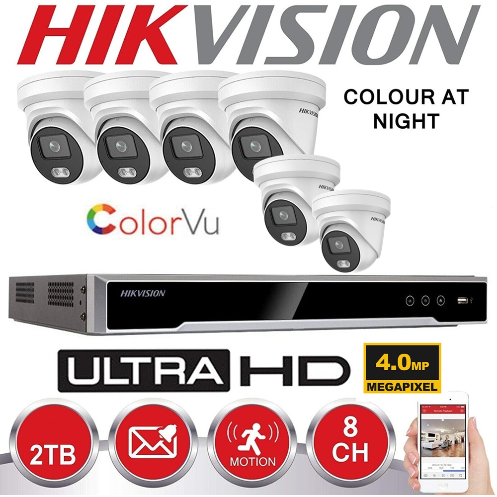 Kit de surveillance IP HIKVISION 6x Caméras Colorvu G1 ProIP 4 MP Objectif fixe 4,0 mm IR 30 M + NVR HIKVISION  8 canaux - disque dur préinstallé 4 To 