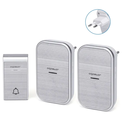 [B20105VKS] Aigostar - Wireless Doorbell and 2x Plug-in Receiver, 36 Ringtones 3 Volume Levels 150m Range - IP44, Silver