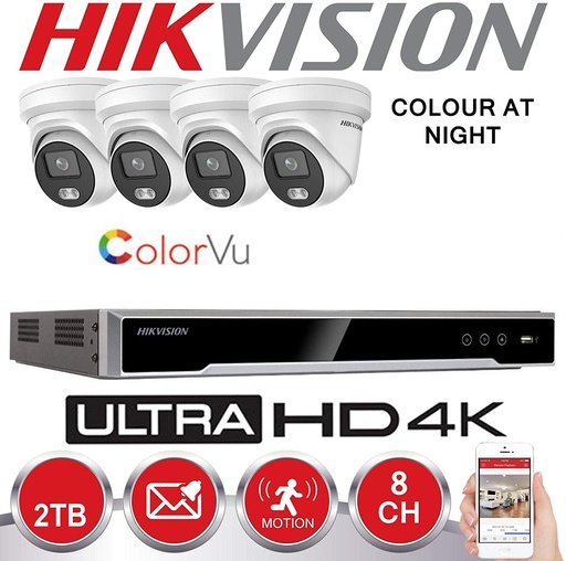 [IPG1CV-4M-4T] HIKVISION IP Surveillance Kit 4x Colorvu G1 ProIP Cameras 4 MP Fixed Lens 4.0mm  IR 30M + NVR HIKVISION 4 Ch - hard drive Preinstalled 2TB
