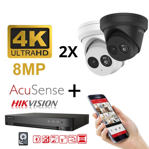 Hikvision IP-Kit 2x Camera 8MP IR / Acusense G2 Serie - 2x DS-2CD2383G2-IU Audio Turret Camera - recorder NVR 4channel DS-7604NXI-K1/4P - 2TB Hard Disk installed