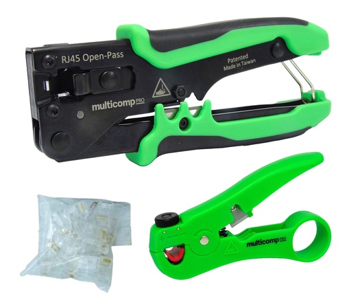 [AVN-RJ45-KIT] Modular Installation Kit Open Pass with Modular Plug Crimper, Cable Stripper, and Modular Plugs RJ45 100Pcs