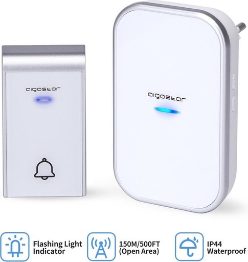 [B20105QFA] Aigostar - AC WIRELESS DIGITAL DOORBELL/IP44 WHITE+SILVERY /1 TRANSMITTER+1 RECEIVE