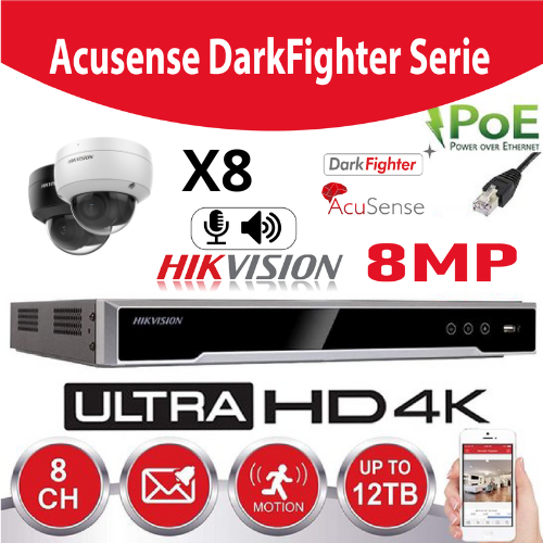 Hikvision IP-Kit Accusense G2  8 x DS-2CD2186G2-I 8MP Darkfighter / Acusense  Dome Camera -  enregistreur NVR 8channel DS-7608NXI-K/8P - Disque Dur 6Tb Preinstallé