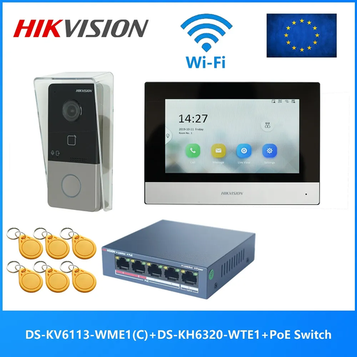 [DS-KIS603-S-P(C)] Hikvision DS-KIS603-S IP-POE video-intercomkit 1x oproepknop Opbouwmontage - 7 inch touchscreen WIFI-monitor + POE-switch 5 poorten