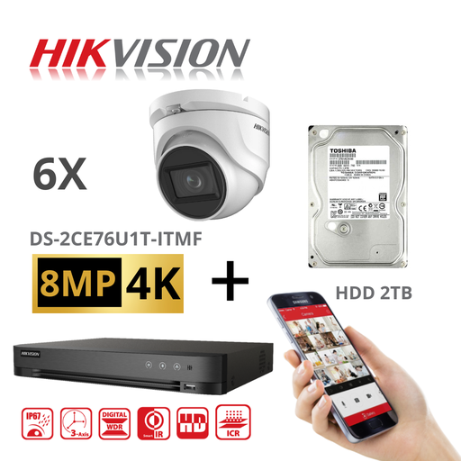 [TVIKIT8M-T6-4TB] HIKVISION Turbo-HD 6xCamera 8MP-4K DVR 8CH HD Kit  - 6x 8MP White Turret Camera Indoor/Outdoor- 4TB HDD