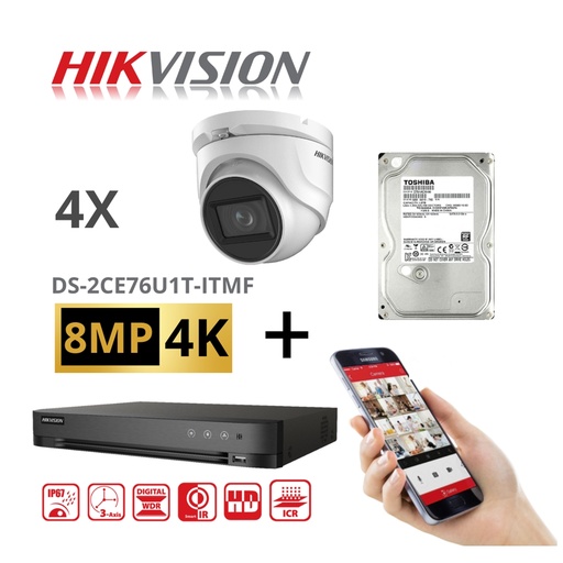 [TVIKIT8M-T4-2TB] HIKVISION Set 8MP-4K Turbo-HD 4x 8MP Turret Camera Indoor/Outdoor - DVR 4 Channel -   2TB HDD