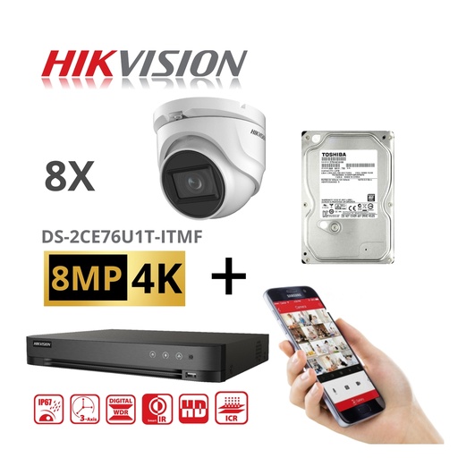 [TVIKIT8M-T8-2TB]  HIKVISION Set 8MP-4K Turbo-HD DVR 8 Channel - 8x 8MP Turret Camera Indoor/Outdoor 4TB HDD