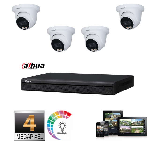 DAHUA  Smart Dual Light Serie IP Camera Kit - 4x Camera Turret 4 megapixel 2.8mm- Smart Dual Light 20m + HDD Preinstalled 2TB