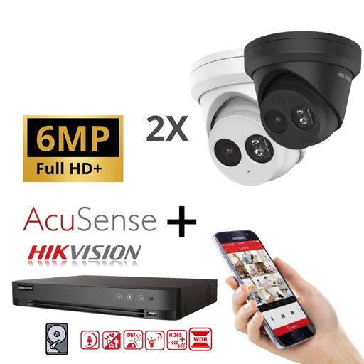 Hikvision IP-Kit 2x Camera 6MP  IR / Acusense G2 Serie - 2x DS-2CD2363G2-IU Audio Turret Camera - recorder NVR 4channel DS-7604NXI-K1/4P - 2TB Hard Disk installed