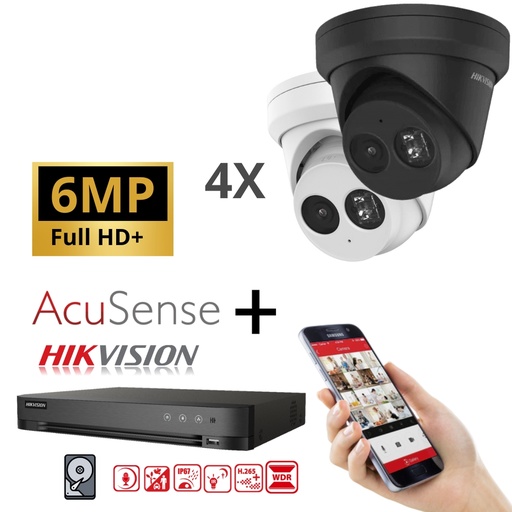 Hikvision IP-Kit 4x Camera 6MP  IR / Acusense G2 Serie - 4x DS-2CD2363G2-IU Audio Turret Camera - recorder NVR 8channel DS-7608NXI-K1/8P - 4TB Hard Disk installed