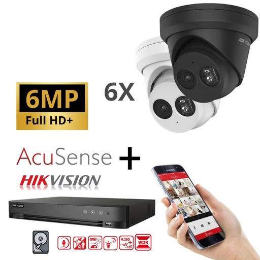  Hikvision IP-Kit 6x Camera 6MP  IR / Acusense G2 Serie - 6x DS-2CD2363G2-IU Audio Turret Camera - recorder NVR 8channel DS-7608NXI-K1/8P - 4TB Hard Disk installed