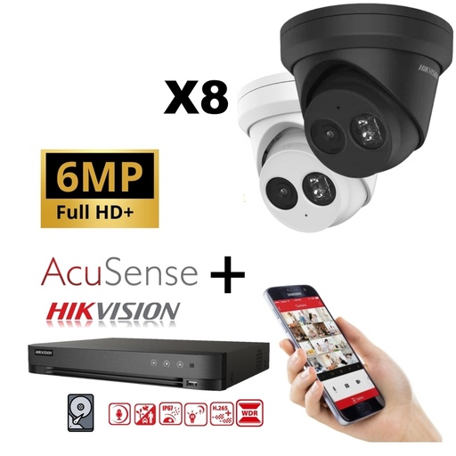 Hikvision IP-Kit 8x Camera 6MP IR / Acusense G2 Serie - 8x DS-2CD2363G2-IU Audio Turret Camera - recorder NVR 8channel DS-7608NXI-K1/8P - 6TB Hard Disk installed