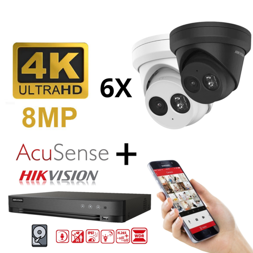 Hikvision IP-Kit 6x Camera 8MP IR / Acusense G2 Serie - 6x DS-2CD2383G2-IU Audio Turret Camera - recorder NVR 8channel DS-7608NXI-K1/8P - 4TB Hard Disk installed