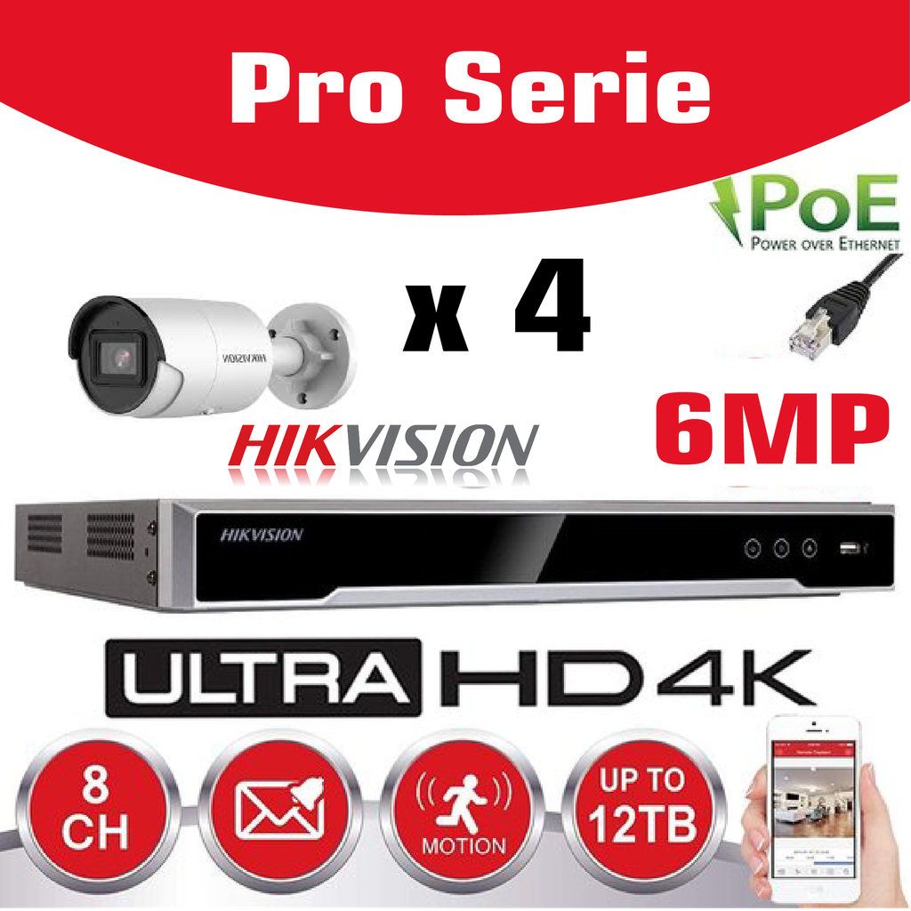 HIKVISION 6MP Bewakingscamera Kit Pro Serie - NVR 8Ch 4K UHD IP POE - 4x 6MP IP CAMERA Pro-Serie In/Buiten Nachtzicht IR Tot 30m - 2TB HDD Opslag