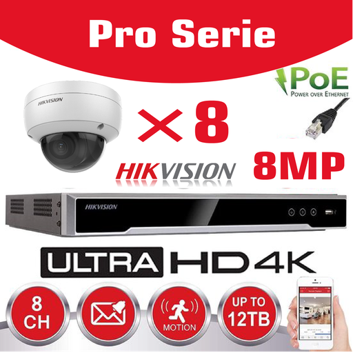 [IPHK-BE-88D-WH] Hikvision IP-Kit 8x Caméra 8MP IR / Essential Serie DS-2CD2183G0-IU Caméra Dôme Audio IR Standard 30m - enregistreur NVR DS-7608NI-Q1/8P 8 canaux - Disque dur 6 To installé