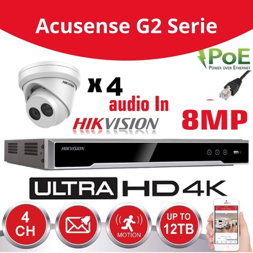 Hikvision IP-Kit 4x Camera 8MP IR / Acusense G2 Serie - 4x DS-2CD2383G2-IU Audio Turret Camera - recorder NVR 4channel DS-7604NXI-K1/4P - 2TB Hard Disk installed