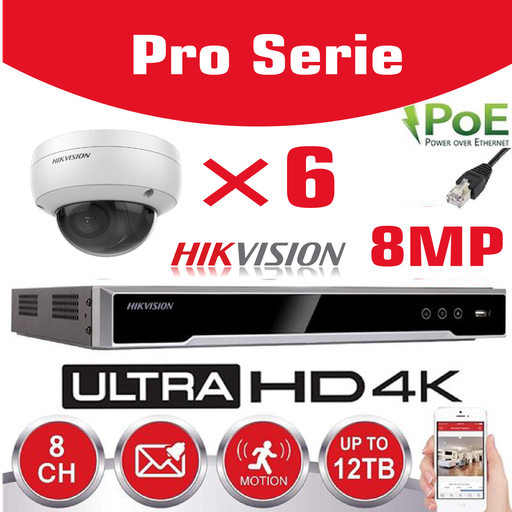 [IPHK-BE-86D-WH] Hikvision IP-Kit 6x Caméra 8MP IR / Essential Serie DS-2CD2183G0-IU Caméra Dôme Audio IR Standard 30m - enregistreur NVR DS-7608NI-Q1/8P 8 canaux - Disque dur 4 To installéo