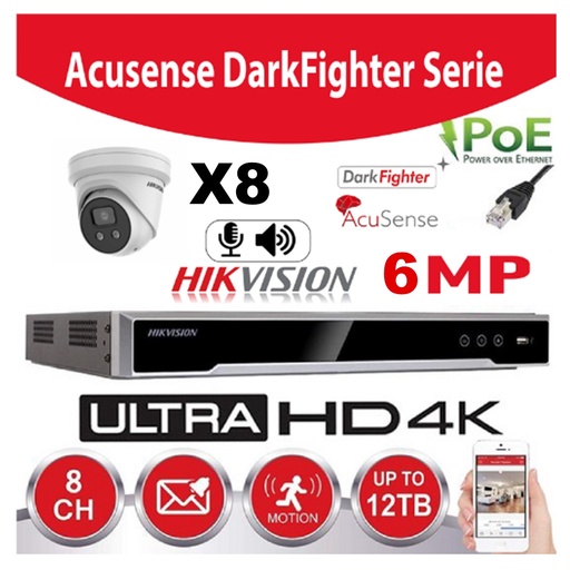 [IPKITG2DF-6M-8T] Hikvision Set IP-Darkfighter - Acusense G2 Series 8x DS-2CD2366G2-IU -2.8mm 6 megapixel Turret Buit In  microphone + recorder NVR 8channel DS-7608NXI-K1/8P - Hard Disk 6Tb