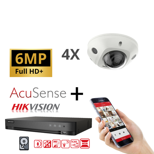 [IPG2IR-6M-4MD] Hikvision IP-Kit 4x Camera 6MP  IR / Acusense G2 Serie - 4x DS-2CD2563G2-I 2.8mm Audio Mini Dome Camera - recorder NVR 4channel DS-7604NXI-K1/4P - 2TB Hard Disk installed