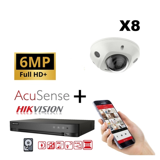 [IPKITG2IR-6M-8MD] Hikvision IP-Kit 8x Camera 6MP  IR / Acusense G2 Serie - 8x DS-2CD2563G2-I 2.8mm Audio Mini Dome Camera - recorder NVR 8channel DS-7608NXI-K1/8P - 6TB Hard Disk installed