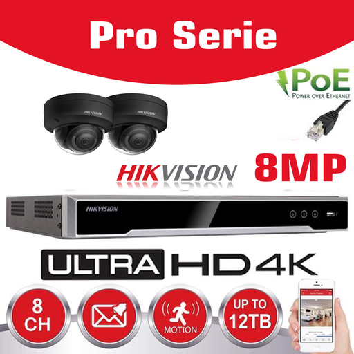 [IPHK-BE-82D-BK] Hikvision IP-Kit 2x Caméra 8MP IR / Essential Serie - 2x DS-2CD2183G0-IS Caméra Dôme IR Standard 30m - enregistreur NVR DS-7604NI-Q1/4P 4 canaux - Disque dur 2 To installé