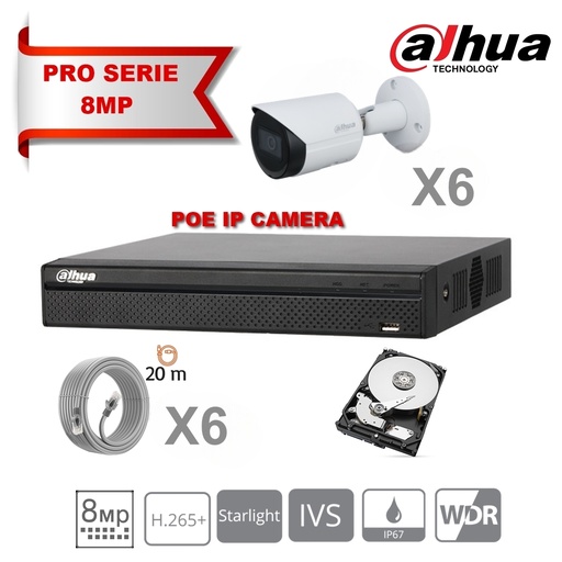 [IPDH-LT8M-6B] DAHUA Lite Kit Serie IP 8MP 6x Caméra Bullet DH-IPC-HFW2831TP-AS-S2 Fixe 2,8 mm-IR 30 m + 8 canaux POE NVR + Disque dur 4 To spécial surveillance