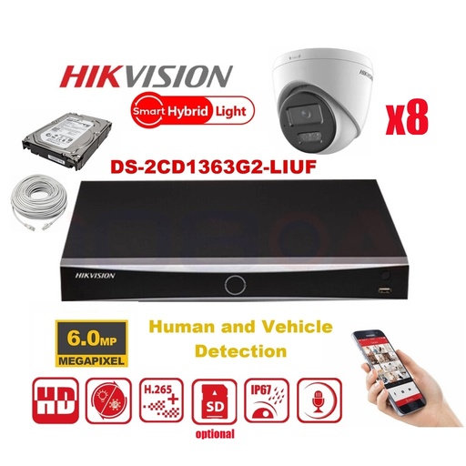 [IPHK-MD-68T] HIKVISION Camera Kit Smart Hybrid G2 Series  8x IP Camera Turret 6MP -   NVR 8xChannel - Hard Disk 4Tb Extensible To Max 8x IP Camera