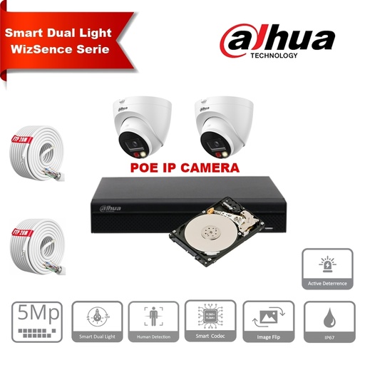 [IPDH-DLW2T-5M] DAHUA Smart Dual Light Active Deterrence WizSense Series 30m IP Camera Kit: 2 x 5 Megapixel 2.8mm Cameras + 8 Channel POE NVR + 2TB Max 8 CAMERAS.